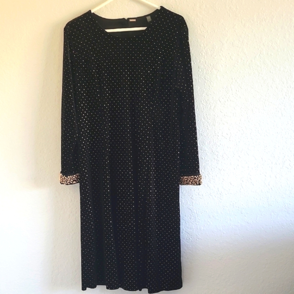 Tahari Black Gold Beaded Midi Evening Dress. Long Sleeves and Crew Neck. Sz.16